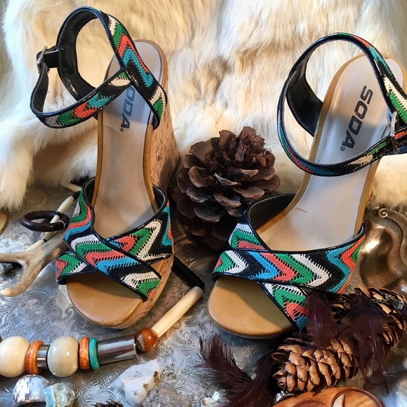 💍 Vintage Retro Soda Chevron Cork Wedge Heel - Picture 5 of 8